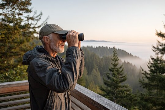 Mature man birdwatching with binoculars at dawn on a raised deck directional morning light casting long soft shadows - Powered by Adobe