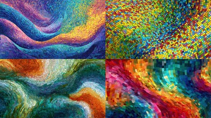 Four abstract artworks showcasing textures of flowing shapes, waves, and geometric patterns