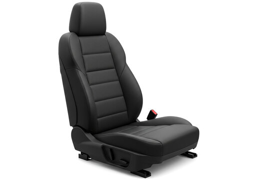 A single black leather car seat with headrest and seatbelt isolated on a white background studio shot