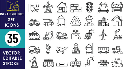 35 infrastructure line icons including buildings, vehicles, warning signs, transport, electricity, pipes, tools, wind turbines, and construction equipment. Vector style, editable stroke format