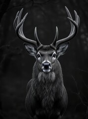 Naklejka premium Majestic red deer in dark forest, cinematic animal portrait