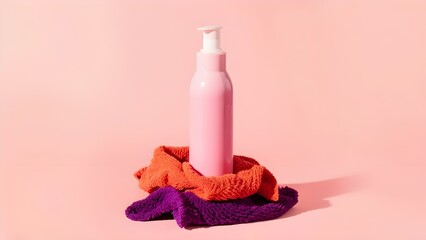 Cleanser bottle in soft pink with vibrant orange and purple cloths, styled on a pink surface.

