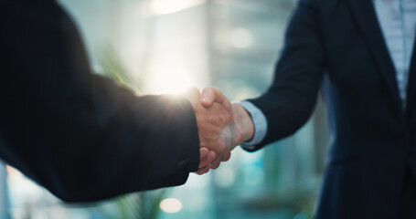 Handshake, thank you and welcome with business people in office for agreement or partnership. B2B,...