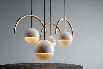 Minimalistic chandelier polished-gold arcs and opalescent globes hanging above a black marble side table sunset backlight creating golden