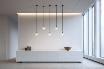 Minimalistic chandelier of blackened-cable suspenders and clear globular bulbs hanging above a white Corian sideboard midday natural light