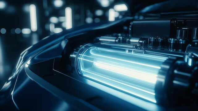 Sleek automotive design features lithium car battery, showcasing advanced technology and illuminating engine compartment with futuristic glow
