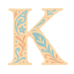 Glowing Floral Letter K Pastel Peach and Blue Design on Warm Background,clipart, cut out, no background,PNG die-cut for advertising