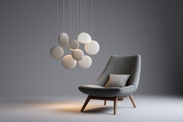 Minimalistic chandelier with white-ceramic discs suspended by nickel cables hanging above a gray wool lounge chair dusk ambient