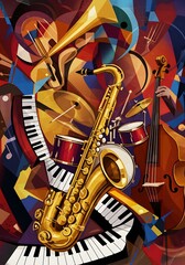musical instruments, energy, jazz, cubist style, digital art, A spirited and animated representation of a jazz big band, formed exclusively from geometric shapes. bright colors