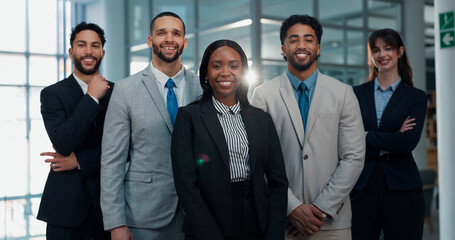 Business, people and group in portrait at law firm for corporate justice, about us or career pride....