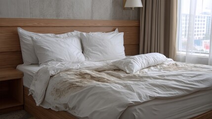 A disheveled bed sits in a hotel room, with rumpled white sheets and pillows arranged haphazardly. Sunlight filters through the window, illuminating the space.