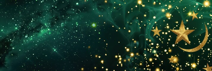 Vibrant celebration of Pakistan independence day with crescent, star, and glittering patterns. Horizontal banner. Copy space. Free space for text