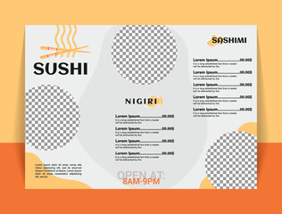 Modern Sushi Restaurant Menu Template:  Placeholders for Images and Prices, Orange and Gray Color Scheme.