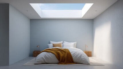 Pale sky-blue walls behind crisp white bed with mustard accent throw morning sunlight skylight for volumetric shafts top-down