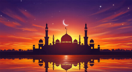 Peaceful Mosque Silhouette — Sunset Worship Scene in August Evening
