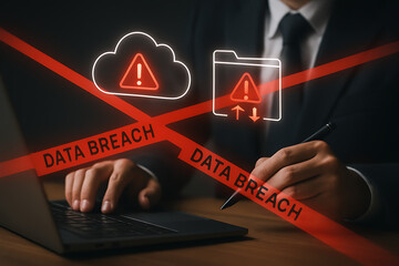 Cloud data breach risk with warning icons and red alert tape representing system hack or storage compromise on laptop screen