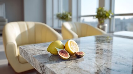 Pearl leather accent chairs around a polished granite table holding figs and citrus slices sunrise natural light from