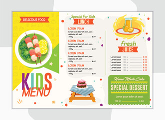 Cheerful Kids Menu Design:  Colorful Food, Drinks, and Dessert Illustrations.