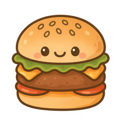 Smiling Cartoon Burger Illustration with Sesame Bun,clipart, cut out, no background,PNG die-cut for advertising