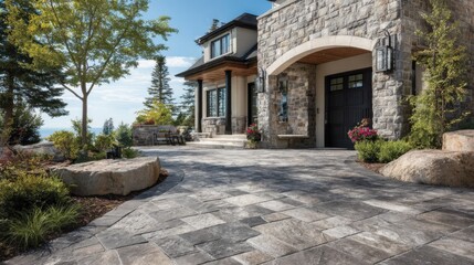 Fototapeta premium A beautifully designed stone pathway guides visitors to a stylish villa. The garden features blooming flowers and a peaceful atmosphere, perfect for relaxing outdoors.