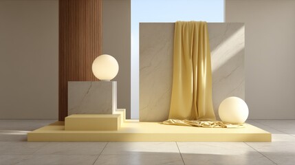 Pastel yellow and stone white setup with ultra-modern fixtures golden side light creating long dynamic shadows cloth material