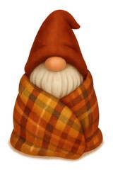 Autumn Gnome in Plaid Blanket and Red Hat,clipart, cut out, no background,PNG die-cut for advertising