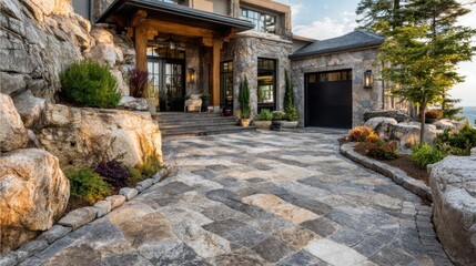 Fototapeta premium A well-designed stone driveway leads to a modern mountain house surrounded by rocky landscaping and lush greenery during the golden hour.