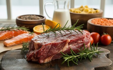 Fototapeta premium Perfectly seared raw beef steak with rosemary on a dark wooden surface surrounded by fresh produce