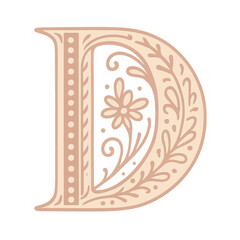 Illuminated Ornate Letter D with Floral Design on Transparent Background,clipart, cut out, no background,PNG die-cut for advertising