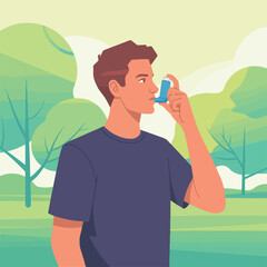 Man using inhaler outdoors with trees in the background