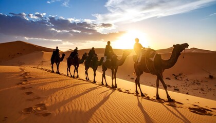 Silhouette of a camel caravan traveling across sand dunes at sunset. Epic desert landscape in Sahara or Morocco. Concept of adventure, nomadic journey, and tourism.