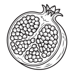 Outline drawing of a halved pomegranate with many seeds