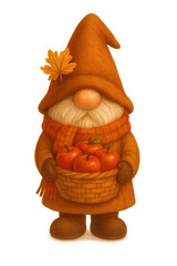 Autumn Gnome with Basket of Apples on Warm Background,clipart, cut out, no background,PNG die-cut for advertising