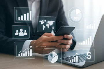 Digital dashboard analytics showing global market data and user insights on virtual interface with charts and business analysis icons