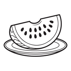 A watermelon slice with seeds on a plate in black and white