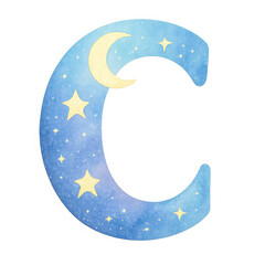 Glowing Blue Letter C with Stars and Crescent Moon on Transparent Background,clipart, cut out, no background,PNG die-cut for advertising