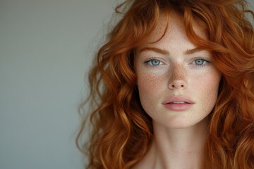 Naklejka premium Young woman with distinctive freckles on her face, presenting a natural and authentic appearance, Generative AI