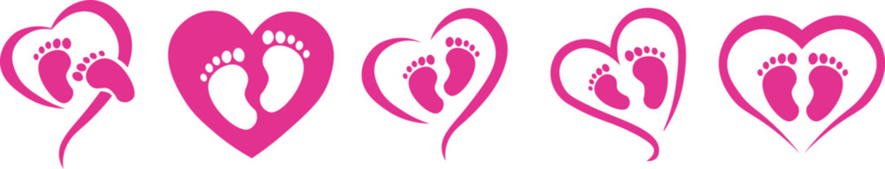 Heart with baby feet illustrations and vector bundle set. Baby Footprint Heart Icon Set.