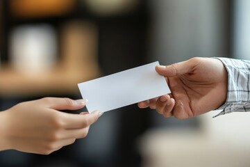 Close-up of boss handing commission bonus to employee, recognizing contributions in a rewarding office environment, Generative AI