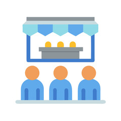 Three people at a blue and gray food stand