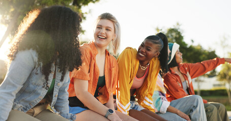 Obraz premium Women, laugh and group of friends at park for listening to story, gossip update and bonding together. Happy, people and talking with funny reunion, social gathering and discussion in nature outdoor
