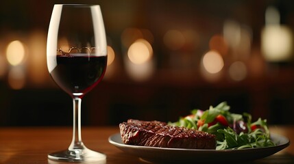 Naklejka premium Gourmet Steak Dinner with Red Wine and Salad