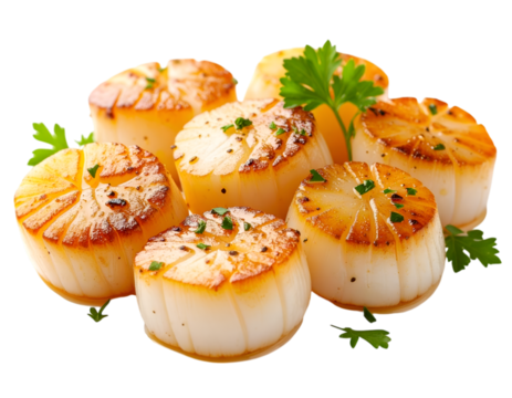 Seared Scallops: Savor the elegance of perfectly seared scallops, their golden-brown crust promising a burst of exquisite flavor in a photorealistic food shot. 
