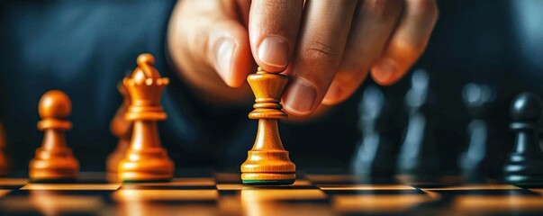 Chess Player's Hand Strategically Positioned Among Pieces in Intense A close-up of moving