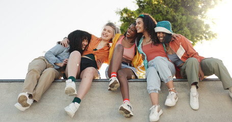 Women, friends and laughing with hug in fashion or park for funny joke, social or humor together....