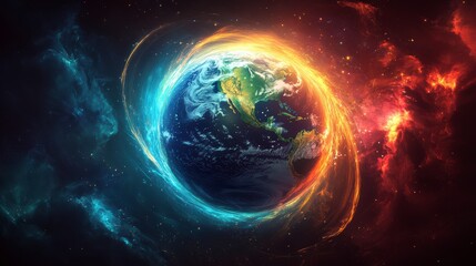 Fototapeta premium Fiery, icy cosmic energy swirls around Earth.