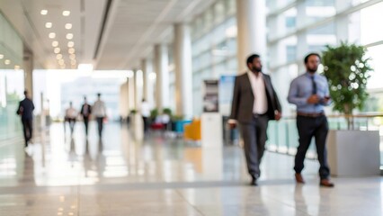 Defocused modern business workspace in India with executives walking in background	
