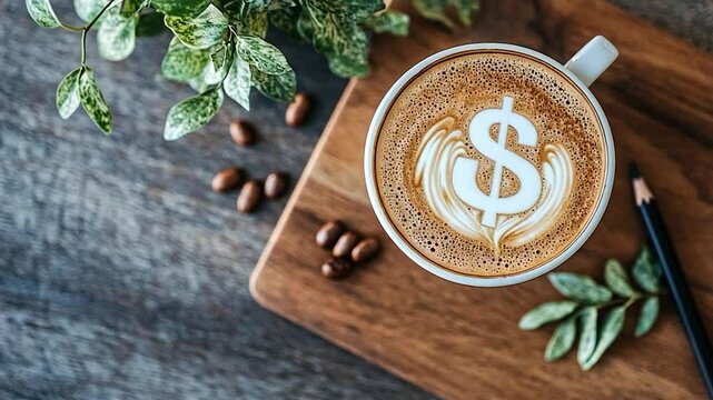 Dollar sign latte art coffee cup overhead shot