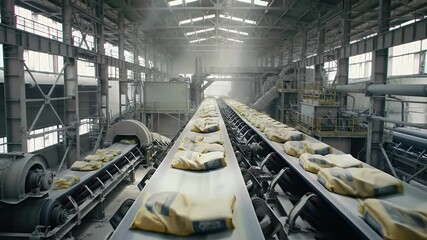 Bags Moving on Conveyor Belt in Industrial Setting - Powered by Adobe