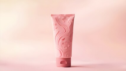 Beauty cream packaging with swirl patterns and floral details set against a pastel scene.

